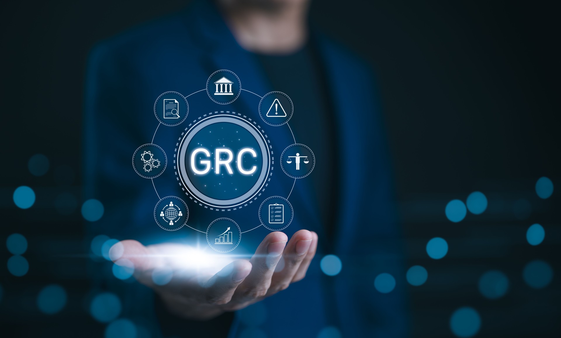 GRC, Governance Risk Compliance Concept. Businessman with GRC governance, risk, compliance icons, organizational management, and regulatory practices. Reduce noncompliance risk, Business ethics,