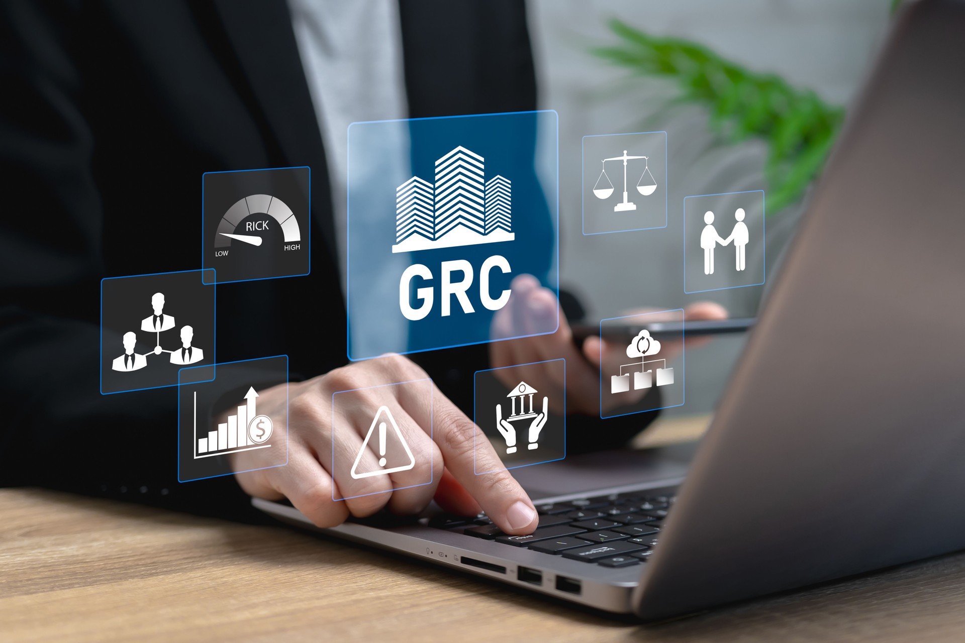 GRC, Governance Risk and Compliance concept, Businesswoman risk management of company,Restructuring way to align IT with business goals,Reduce wastage, Increase efficiency, Long-term strategy planning