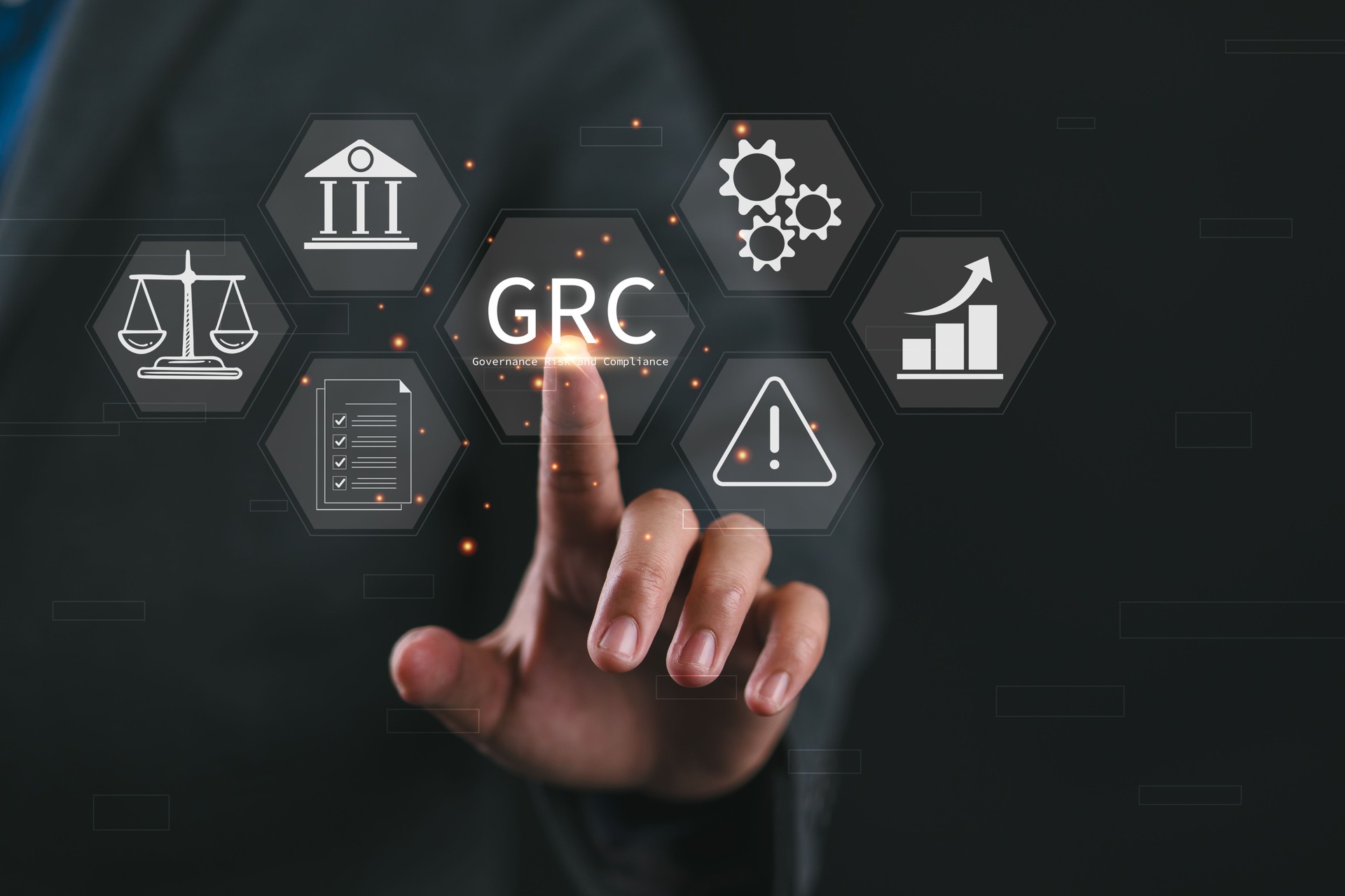Boost efficiency with GRC Governance Risk and Compliance. Businessman touch GRC icon on digital screen, structuring to align IT with business goals for optimal performance.